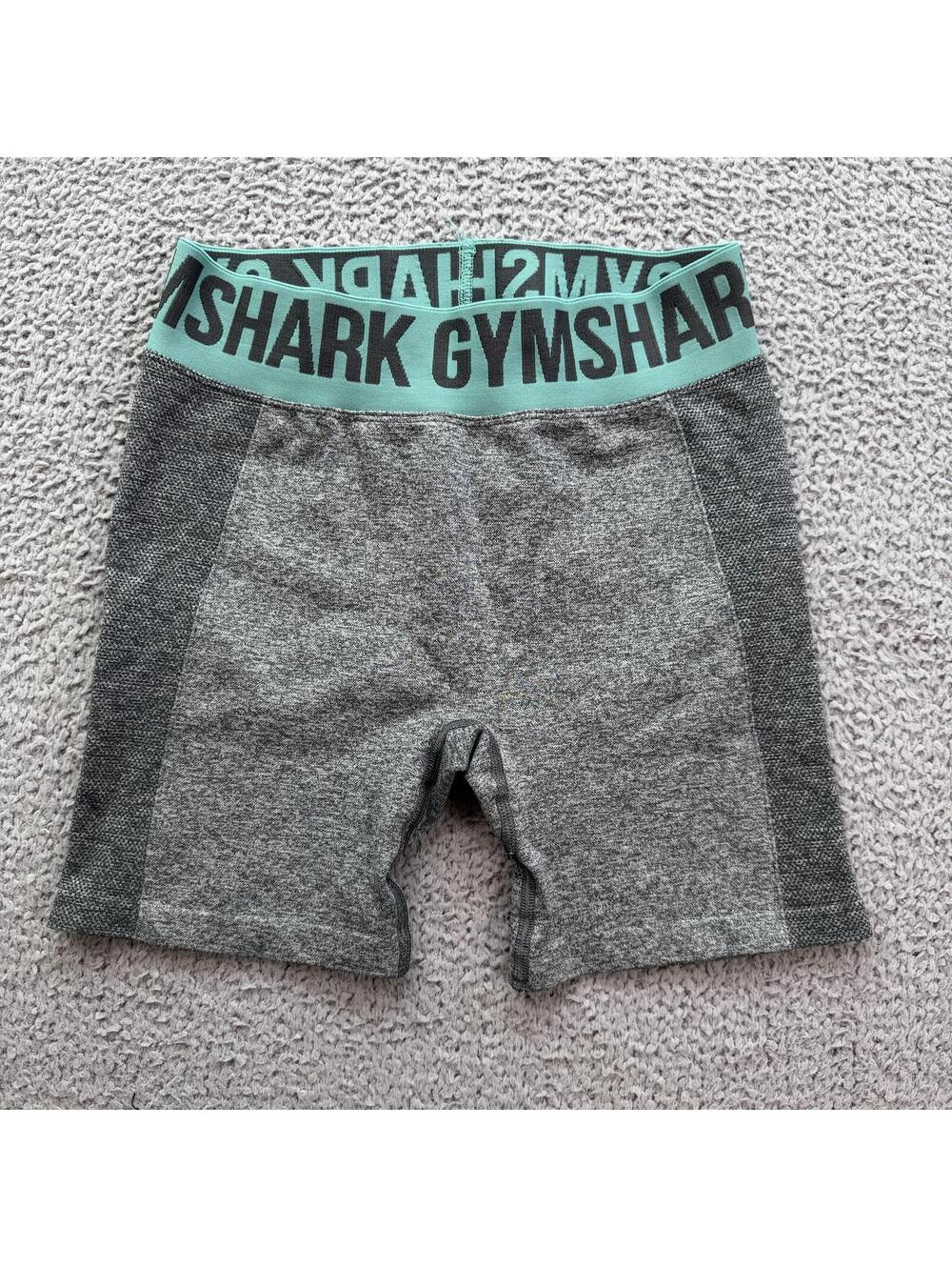 Gymshark Womens Small Gray Marl Seamless High Rise Biker Shorts Teal Waistband‎